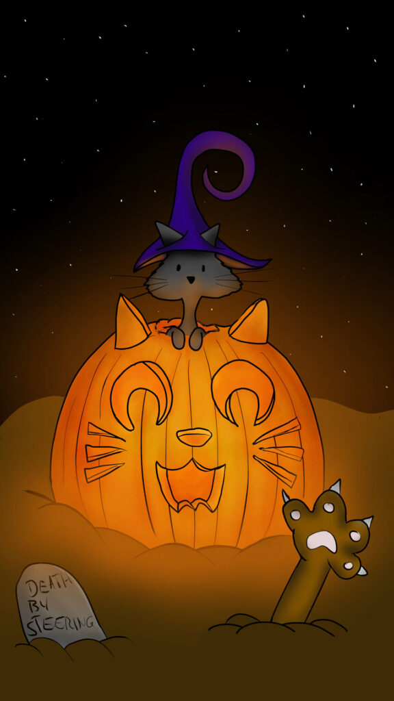 halloween_2024 halloween cat in a halloween pumpkin with a zombie cat paw and a grave with the font "death by steering"
